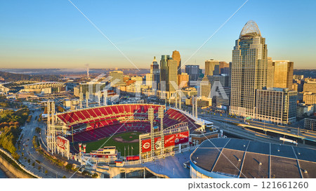 Aerial of Cincinnati Skyline and Great American Ball Park at Golden Hour Aerial of Cincinnati Skyline and Great American Ball Park at Golden Hour 121661260