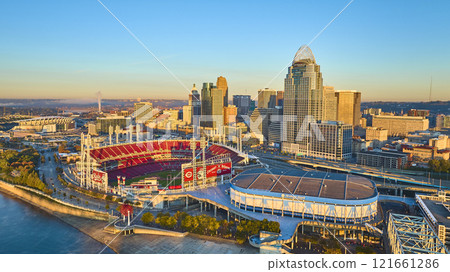 Aerial Cincinnati Skyline Great American Ball Park Golden Hour Aerial Cincinnati Skyline Great American Ball Park Golden Hour 121661286