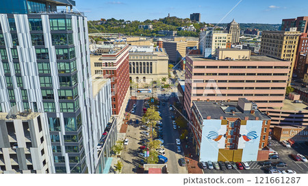Aerial Urban Contrast Cincinnati Architecture with Green Hillside Aerial Urban Contrast Cincinnati Architecture with Green Hillside 121661287