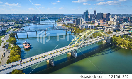 Aerial of Cincinnati Skyline and Daniel Carter Beard Bridge Aerial of Cincinnati Skyline and Daniel Carter Beard Bridge 121661292