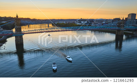Aerial of John A Roebling Bridge at Sunset Over Ohio River Aerial of John A Roebling Bridge at Sunset Over Ohio River 121661293