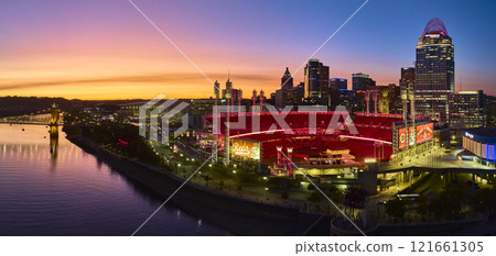 Aerial Panorama of Cincinnati Skyline with Great American Ball Park at Sunset 121661305