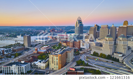 Aerial of Cincinnati Skyline at Sunrise with Ohio River and Highways Aerial of Cincinnati Skyline at Sunrise with Ohio River and Highways 121661316