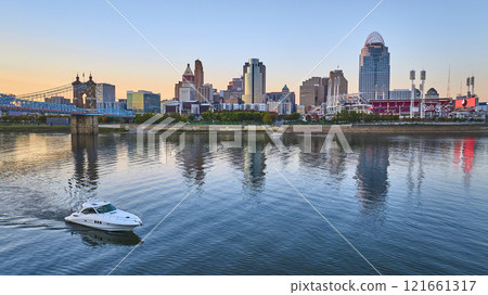 Aerial of Cincinnati Skyline and Roebling Bridge at Sunset Aerial of Cincinnati Skyline and Roebling Bridge at Sunset 121661317