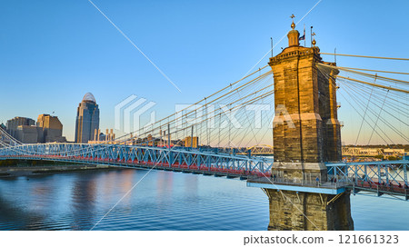 Aerial of John A Roebling Bridge and Cincinnati Skyline at Sunrise Aerial of John A Roebling Bridge and Cincinnati Skyline at Sunrise 121661323