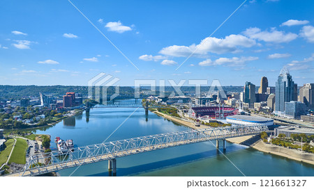 Aerial Cincinnati Skyline with Ohio River Bridge Connection 121661327