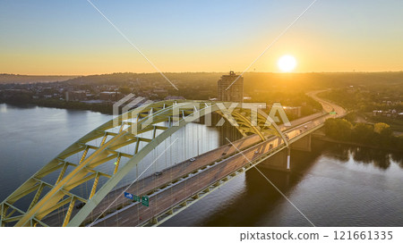 Aerial of Daniel Carter Beard Bridge at Sunrise Over Ohio River 121661335