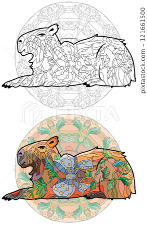 Zentangle stylized Capybara for coloring book on mandala. Hand drawn decorative vector illustration 121661500