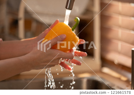 Hands Washing Yellow Bell Pepper Under Running Water in Kitchen Hands Washing Yellow Bell Pepper Under Running Water in Kitchen 121661578