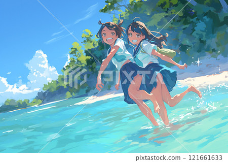 Two high school girls running along the beach_Illustration 1 121661633