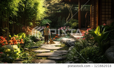 [Spring cleaning] A man cleaning the stone paving of a temple 121662018