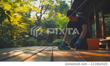 [General cleaning] A man cleaning the temple's main hall 121662020