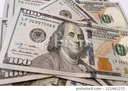 US Dollar Banknotes.A close-up view of various US dollar banknotes. Finance and economy concept. 121662215