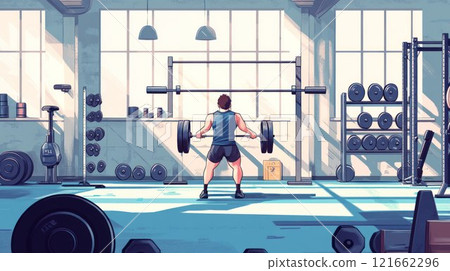 A person lifting weights in a gym setting. 121662296