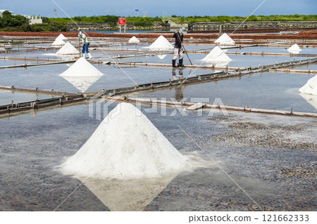 View of the Jingzaijiao Tile-Paved Salt Fields in Tainan, Taiwan, one of the Southwest Coast National Scenic Area attractions. 121662333