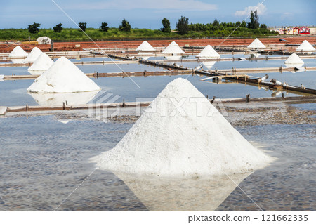 View of the Jingzaijiao Tile-Paved Salt Fields in Tainan, Taiwan, one of the Southwest Coast National Scenic Area attractions. 121662335