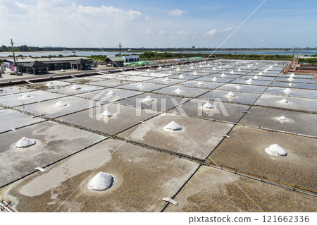 View of the Jingzaijiao Tile-Paved Salt Fields in Tainan, Taiwan, one of the Southwest Coast National Scenic Area attractions. 121662336