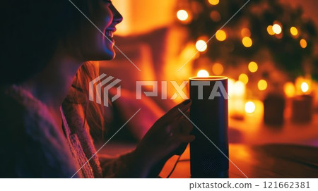 Woman interacting with a smart speaker in cozy setting. 121662381