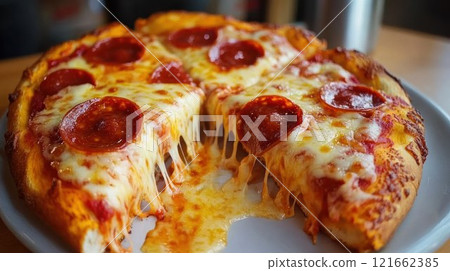 Delicious pepperoni pizza with melted cheese. Delicious pepperoni pizza with melted cheese. 121662385