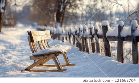 Snow-covered bench beside a wooden fence in winter. 121662704
