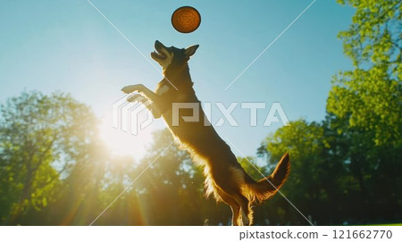 Dog jumping to catch a flying frisbee at sunset. 121662770