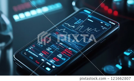 Smartphone displaying data analytics and metrics. 121662807
