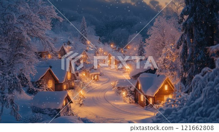 Snowy village at dusk with warm lights. Snowy village at dusk with warm lights. 121662808