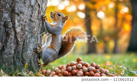 Squirrel climbing a tree with gathered nuts. 121662812