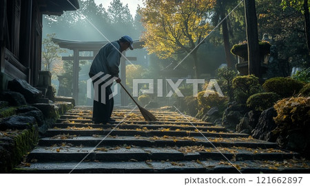 A man cleaning the grounds of a shrine 121662897