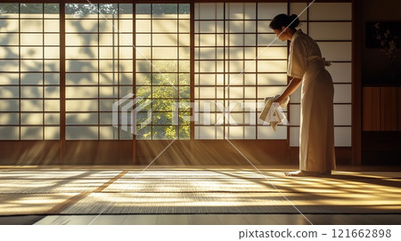A woman mopping the Japanese-style room 121662898