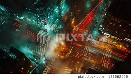 Aerial view of a bustling urban intersection at night. 121662936