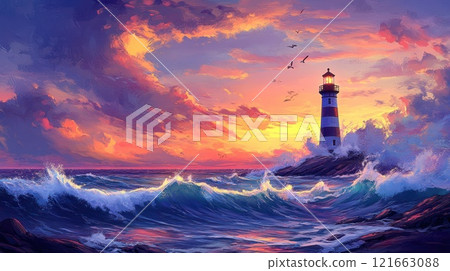 Dramatic sunset over ocean with lighthouse on rocky coast, waves crashing. 121663088