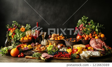 Abundant autumn harvest feast with wine, vegetables, fruits, meat, and cheese. 121663089