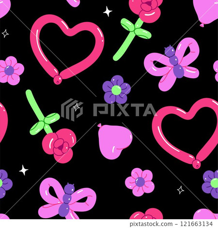 Seamless pattern with figures from balloons on a black background. Vector graphics. 121663134