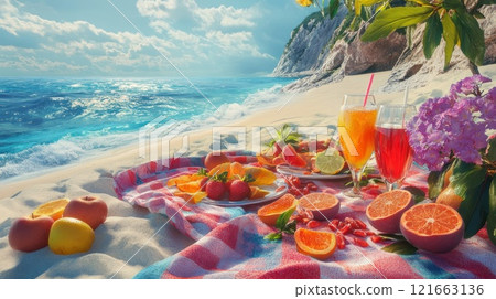 Tropical fruit picnic on a sunny beach. 121663136