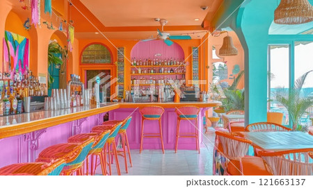 Vibrant tropical bar interior with pink bar stools, orange walls, and colorful decor. Vibrant tropical bar interior with pink bar stools, orange walls, and colorful decor. 121663137