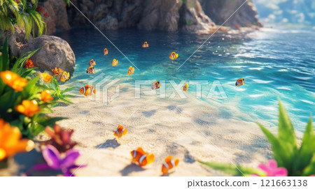 Calm tropical beach scene with clownfish swimming in shallow, clear water near vibrant flowers and rocks. 121663138