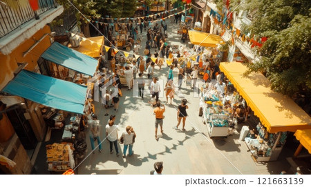 Aerial view of bustling outdoor market with diverse crowd shopping at colorful stalls. 121663139