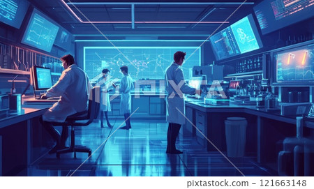 Scientists collaborating in a futuristic lab, analyzing data on large screens and conducting research. 121663148