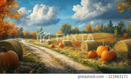 Idyllic autumn scene dirt road, hay bales, pumpkins, fall foliage, sunny sky. Idyllic autumn scene dirt road, hay bales, pumpkins, fall foliage, sunny sky. 121663171