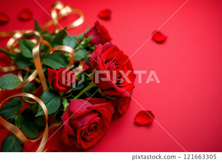 情人節玫瑰花，風景照明，紅色背景，金色愛情窗簾，大束紅玫瑰 121663305