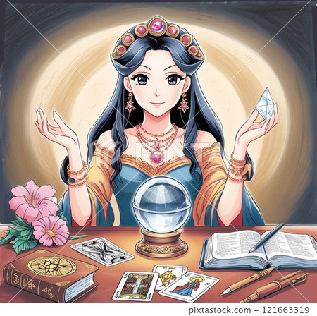 Female fortune teller holding a crystal Female fortune teller holding a crystal 121663319