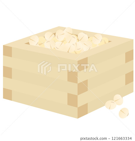 Vector illustration of a wooden box and lucky beans used for bean-throwing for Setsubun 121663334