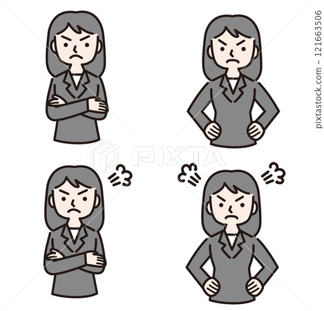 Angry woman in a suit with multiple gestures: illustration material 121663506