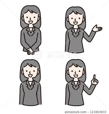 穿著西裝的女人微笑著展示多種手勢:插畫素材 穿著西裝的女人微笑著展示多種手勢:插畫素材 121663633