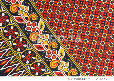 Prominent pattern of Thai silk Red with flower pattern. Prominent pattern of Thai silk Red with flower pattern. 121663790