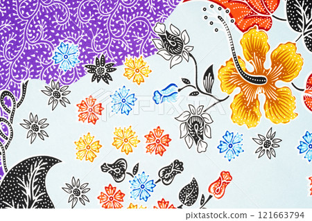 Colorful batik cloth fabric textile, abstract background. 121663794