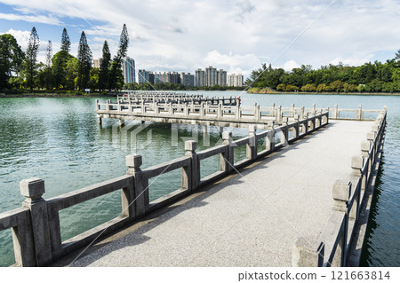 View of the Nine-cornered Bridge in Chenghcing Lake Scenic Area in Kaohsiung, Taiwan. View of the Nine-cornered Bridge in Chenghcing Lake Scenic Area in Kaohsiung, Taiwan. 121663814