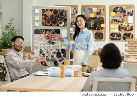 Asian business team engaged in creative discussion during presentation in modern office. Woman points to visual board fill with images and notes as her colleagues actively participate in conversation Asian business team engaged in creative discussion during presentation in modern office. Woman points to visual board fill with images and notes as her colleagues actively participate in conversation 121663960