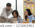 Asian group of colleagues working together on project with one man explaining data on laptop while the others focus attentively. Suggesting creative and organized approach to project management 121663961